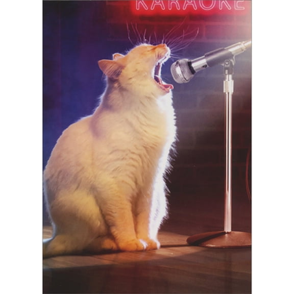 Avanti Press Cat Singing Karaoke into Microphone on Stage Funny Birthday Card