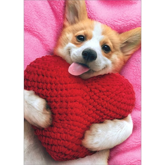 Avanti Press Corgi Holding Heart Pillow on Pink Blanket Cute Dog Valentine's Day Card