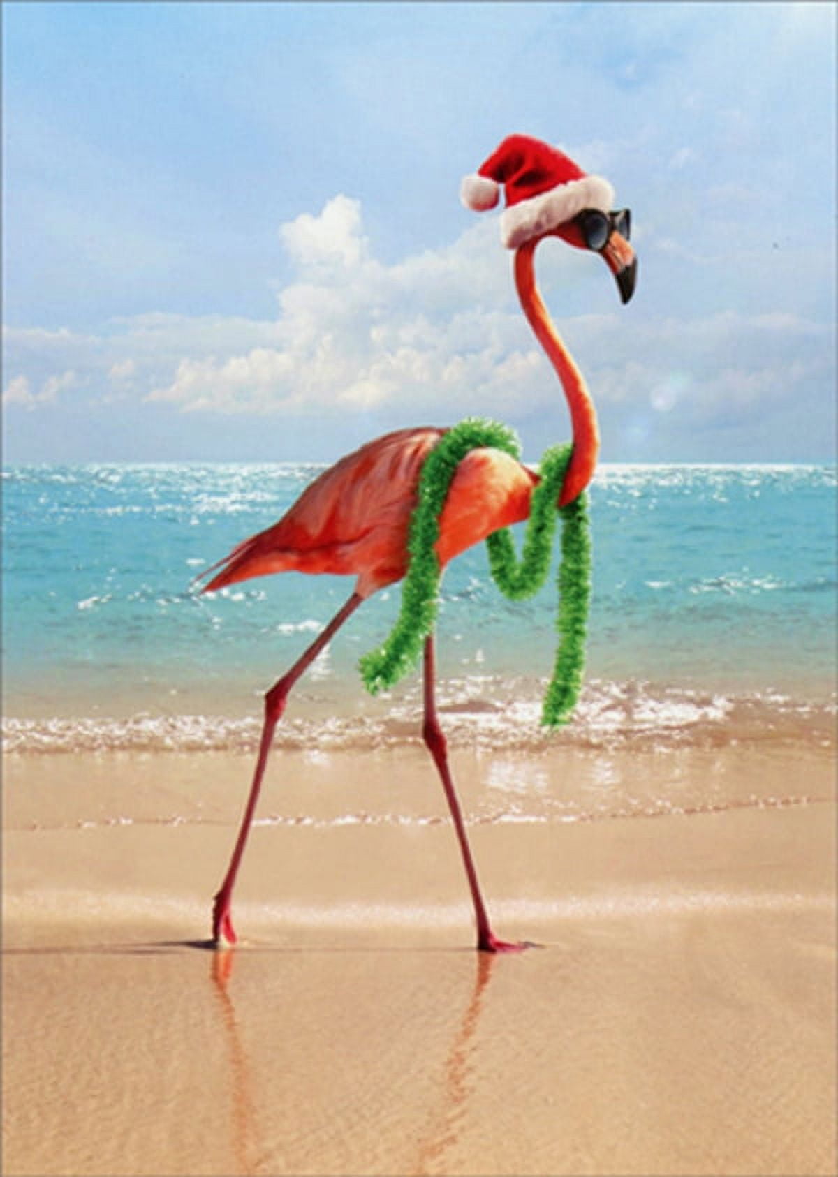 Avanti Press Flamingo Wearing Santa Hat and Sunglasses on Beach Humorous : Funny Warm Weather Christmas Card (1 card/1 envelope)