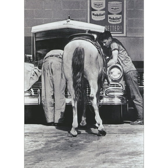 Avanti Press Men and Horse Checking Under Hood of Car Black and White Photo Funny Birthday Card