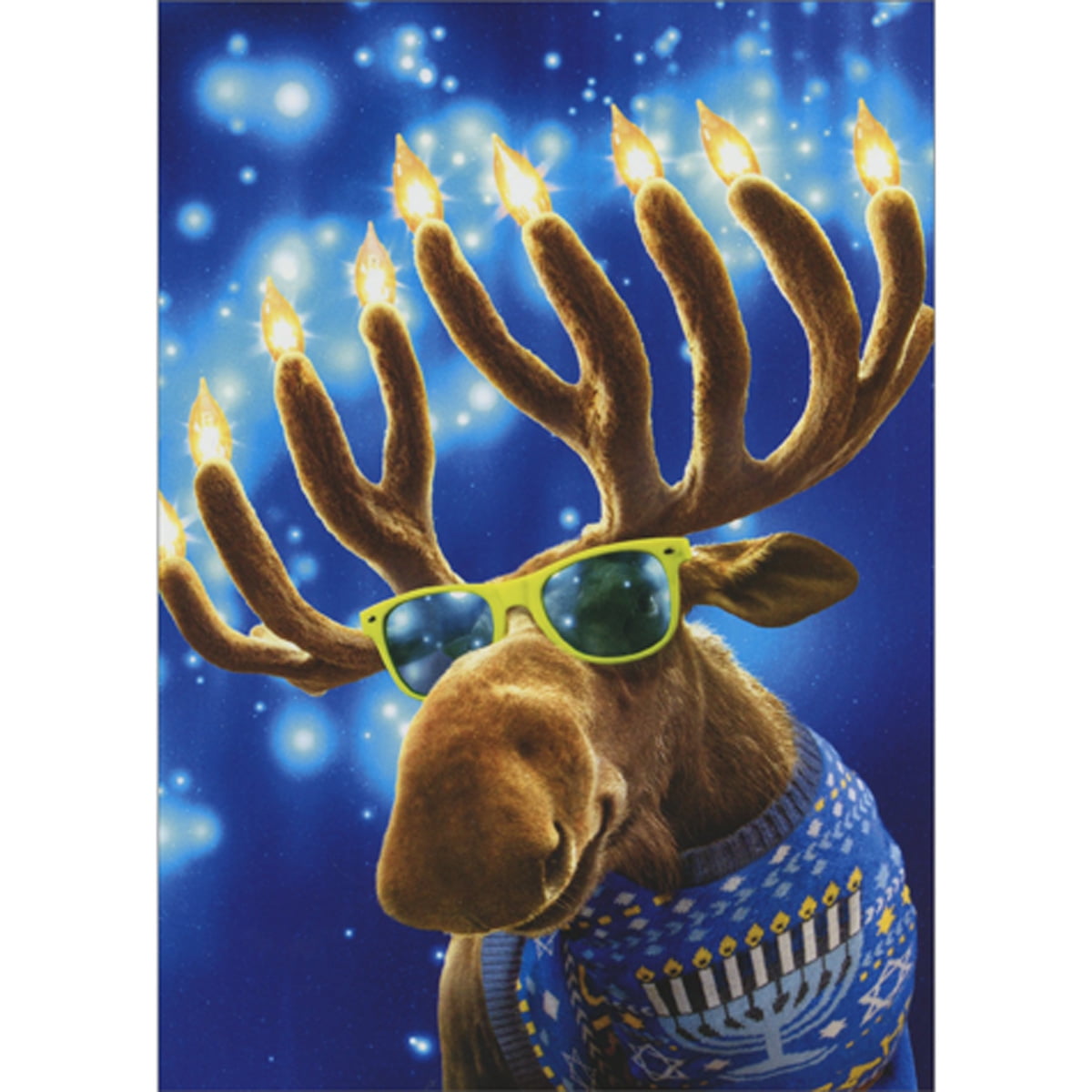 Avanti Press Moose with Menorah Antlers, Festive Blue Sweater and Glasses Humorous / Funny Box of 10 Hanukkah Cards