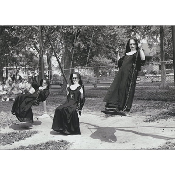 Avanti Press Nuns on Swings at Playground Black and White Photo Birthday Card