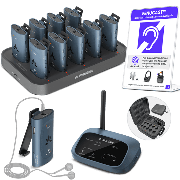 Avantree AuraPlex MX - Auracast Assistive Listening System with 1 Transmitter & 10 Wireless Receivers