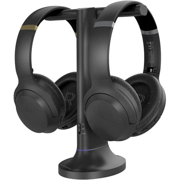 Avantree Duet - Dual Wireless Headphones for TV Watching with Transmitter/Charging Stand 2-in-1, Clear Dialogue Mode & Volume Boost for Seniors, Scalable to 100 Headphones - Black