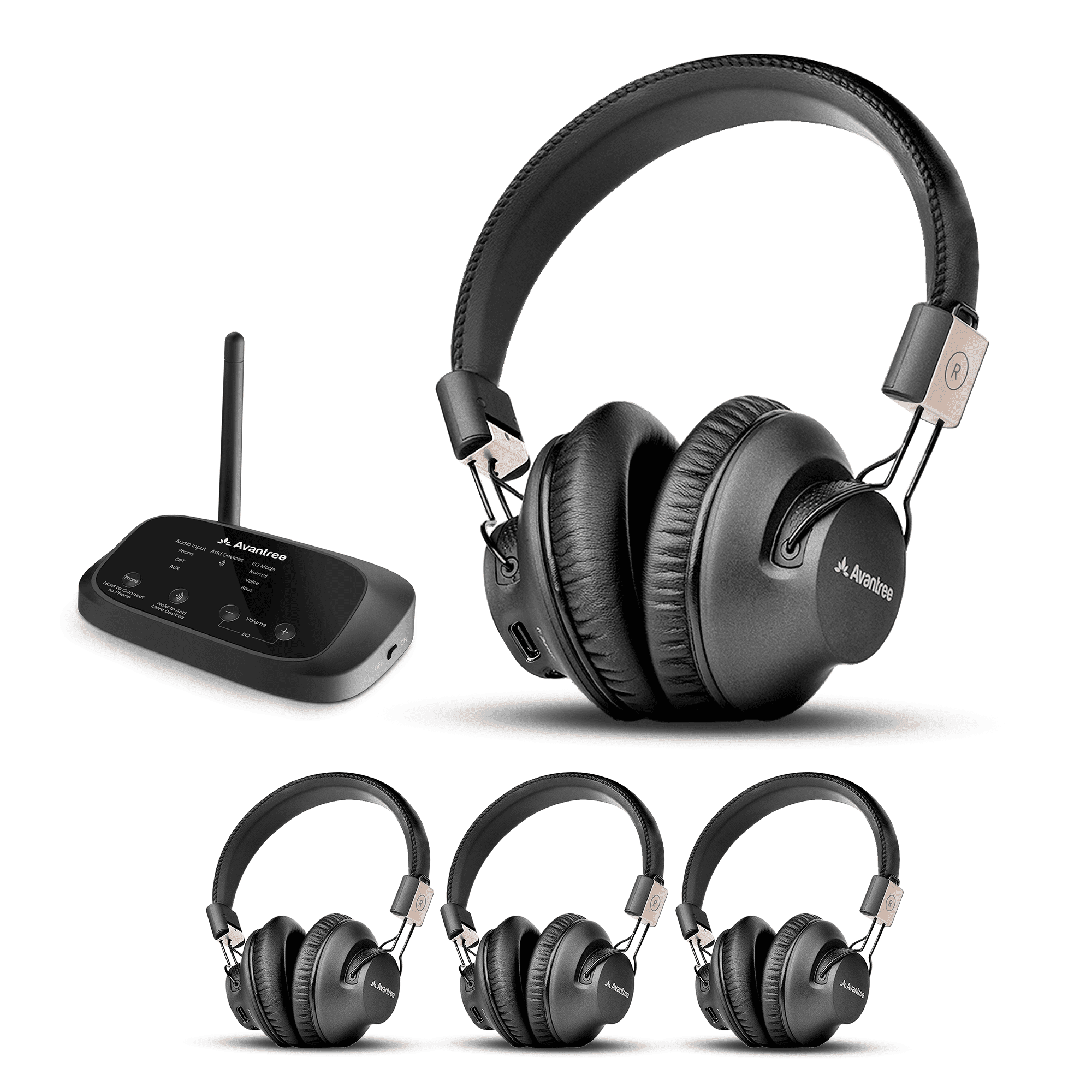 Avantree Quartet 2 - Bluetooth-Compatible Wireless Group Listening Headphones & Transmitter Set for Parties, Silent Discos, Church, TV - Multiple Rechargeable Headphones with Low Latency