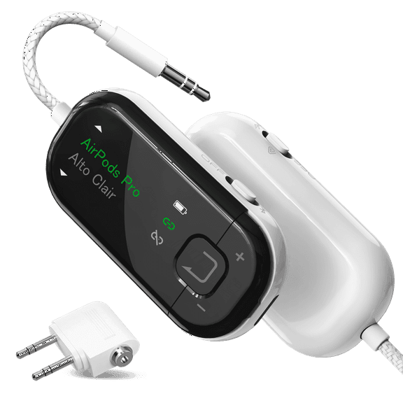 Avantree Voyager - Bluetooth 5.4 Airplane Adapter with OLED Screen for Headphones, aptX Adaptive, 3.5mm AUX Wireless Audio Transmitter for Travel & Flight-White