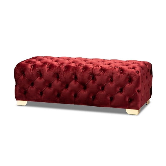 Avara Glam and Luxe Burgundy Velvet Fabric Upholstered Gold Finished Button Tufted Bench Ottoman