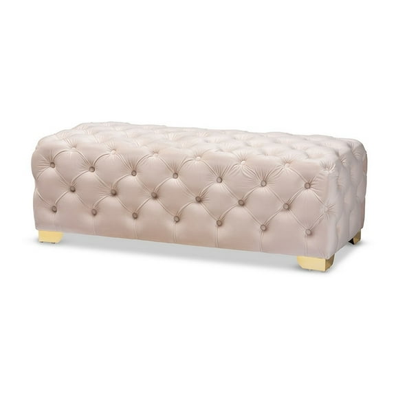 Avara Glam and Luxe Light Beige Velvet Fabric Upholstered Gold Finished Button Tufted Bench Ottoman