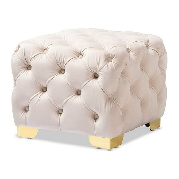 Avara Glam and Luxe Light Beige Velvet Fabric Upholstered Gold Finished Button Tufted Ottoman