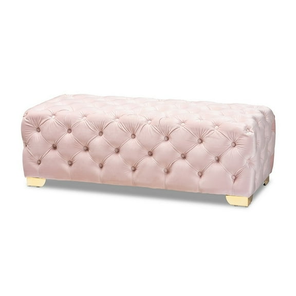 Avara Glam and Luxe Light Pink Velvet Fabric Upholstered Gold Finished Button Tufted Bench Ottoman