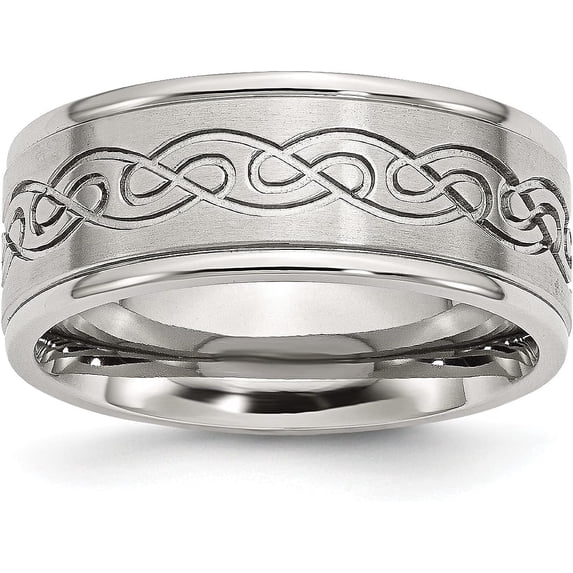 Avariah Diamonds Chisel Stainless Steel Brushed and Polished Scroll Design 9.2mm Ridged Edge Band - Ring Size 11.5