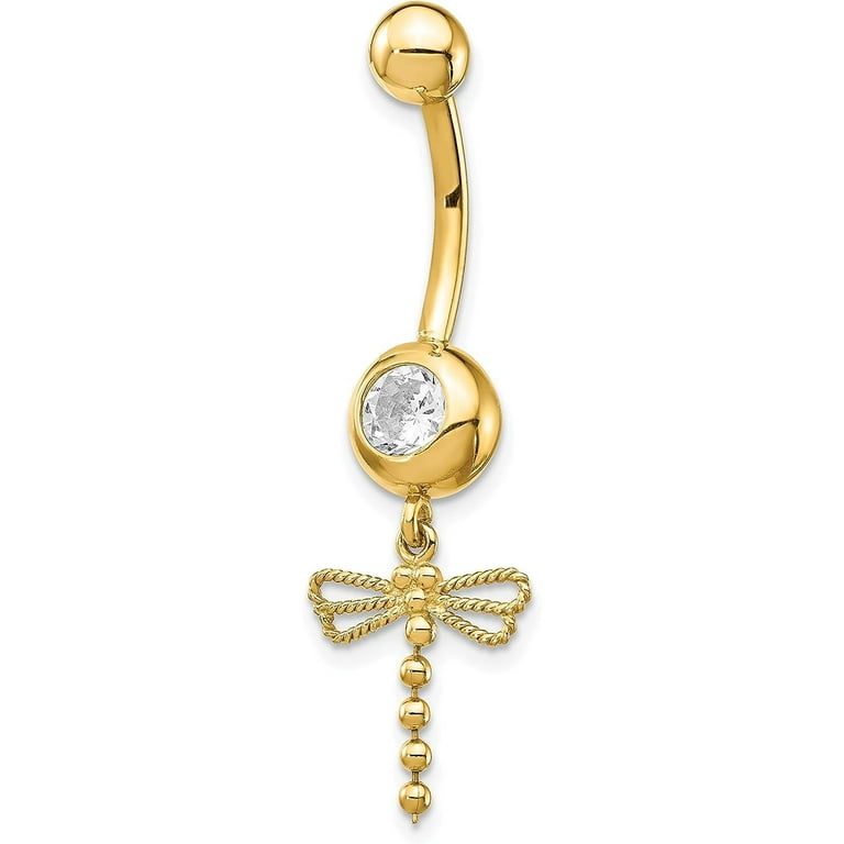 14k Gold 14 Gauge CZ Dragonfly Dangle Belly Ring 14k Gold 14 Gauge CZ Dragonfly Dangle Belly Ring