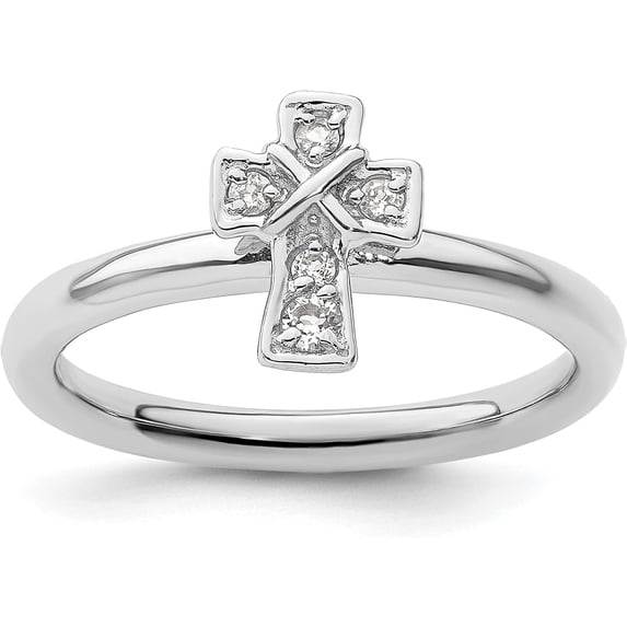 Avariah Diamonds Solid Sterling Silver Stackable Expressions Rhodium White Topaz Cross Ring - Ring Size 5.0