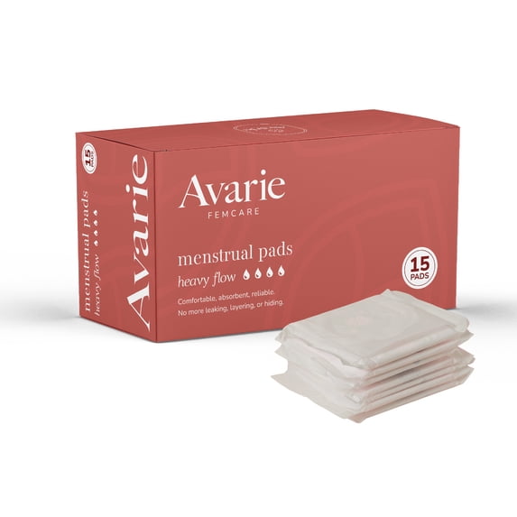 Avarie Heavy Flow Pads, Overnight & Day Protection, Secure Coverage, 15 Count