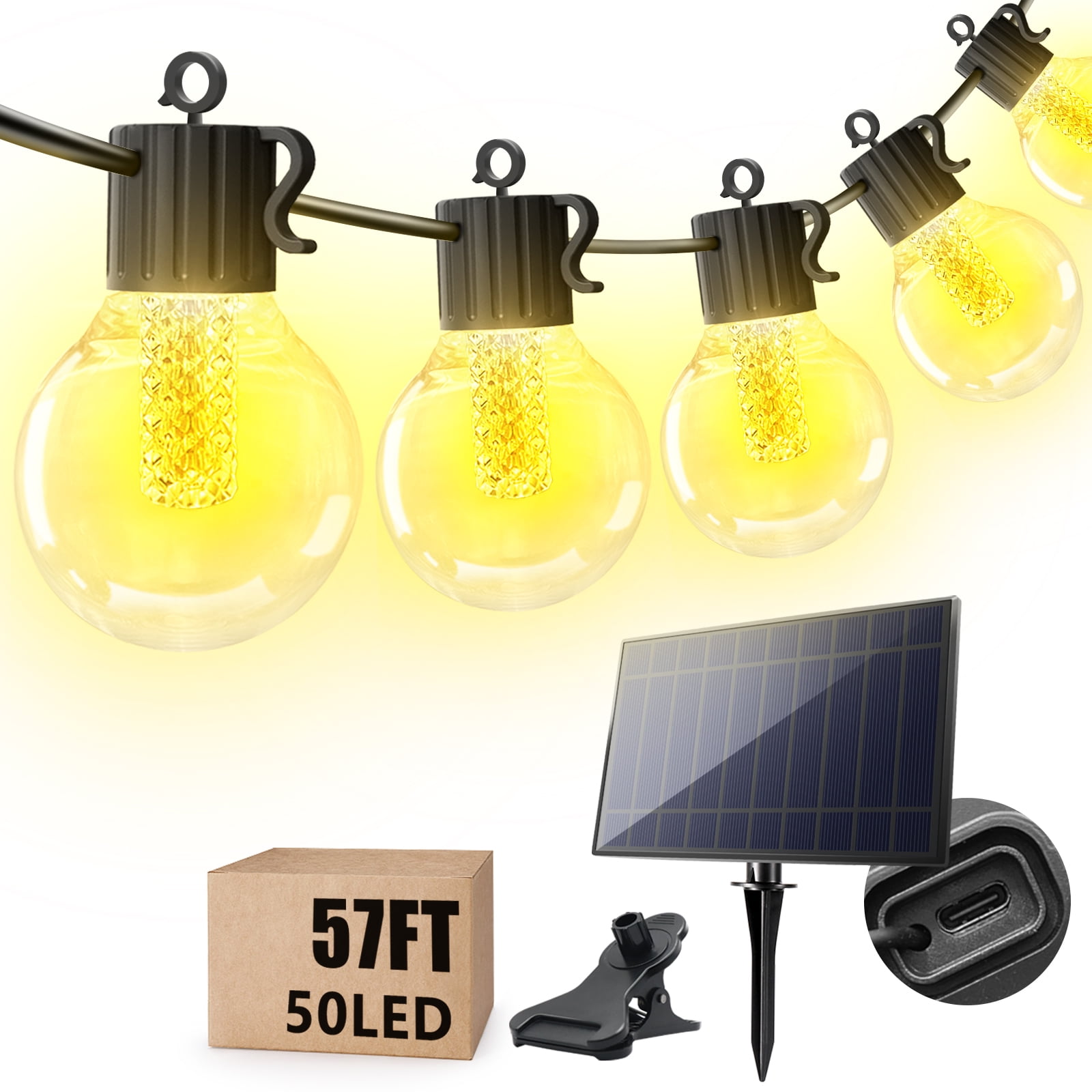 57FT Warm White LED Solar Powered Outdoor Globe String Lights