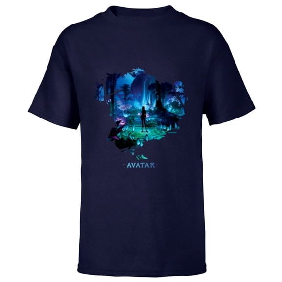 Avatar Na’vi in Pandora Jungle at Night with Logo - Short Sleeve T-Shirt for Kids - Customized-Navy