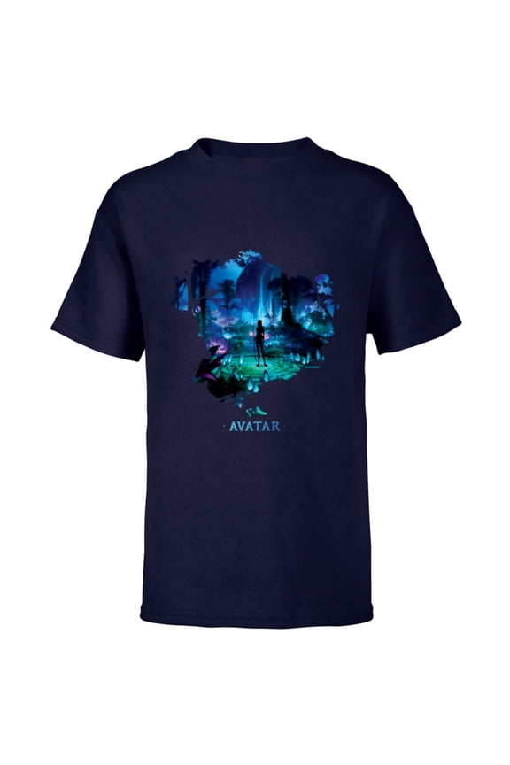 Avatar Na’vi in Pandora Jungle at Night with Logo - Short Sleeve T-Shirt for Kids - Customized-Navy