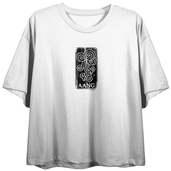 Avatar The Last Airbender Aang, Mountains, Title text, Airbender Icon on White Short Sleeve Adult Crop T-Shirt-XS