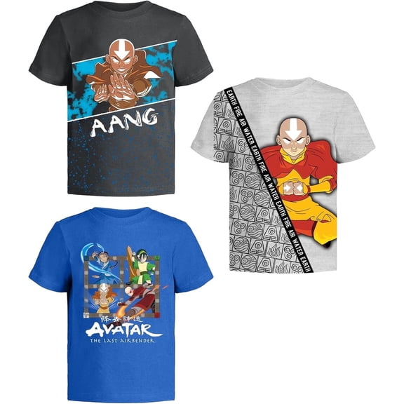 Avatar The Last Airbender Graphic T-Shirts 3 Pack for Boys 8 Bk/Gy/Bl SS Black/Grey/Blue