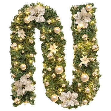 Avdjesfny Christmas Decorations, 9FT Christmas Garland with Lights, Prelit Lighted Christmas Greenery Garland Cypress for Home Table Mantel Stair Railing Indoor Outdoor Xmas Decor