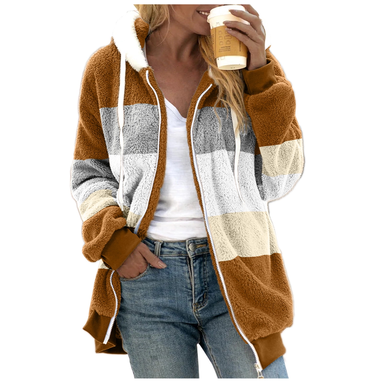 Avdjesfny Fleece Jackets for Women 2024 Winter Sherpa Lined Full Zip Hooded Jacket Plus Size Fuzzy Coats with Pockets S-5XL Warm Heavy weight Sweatshirt