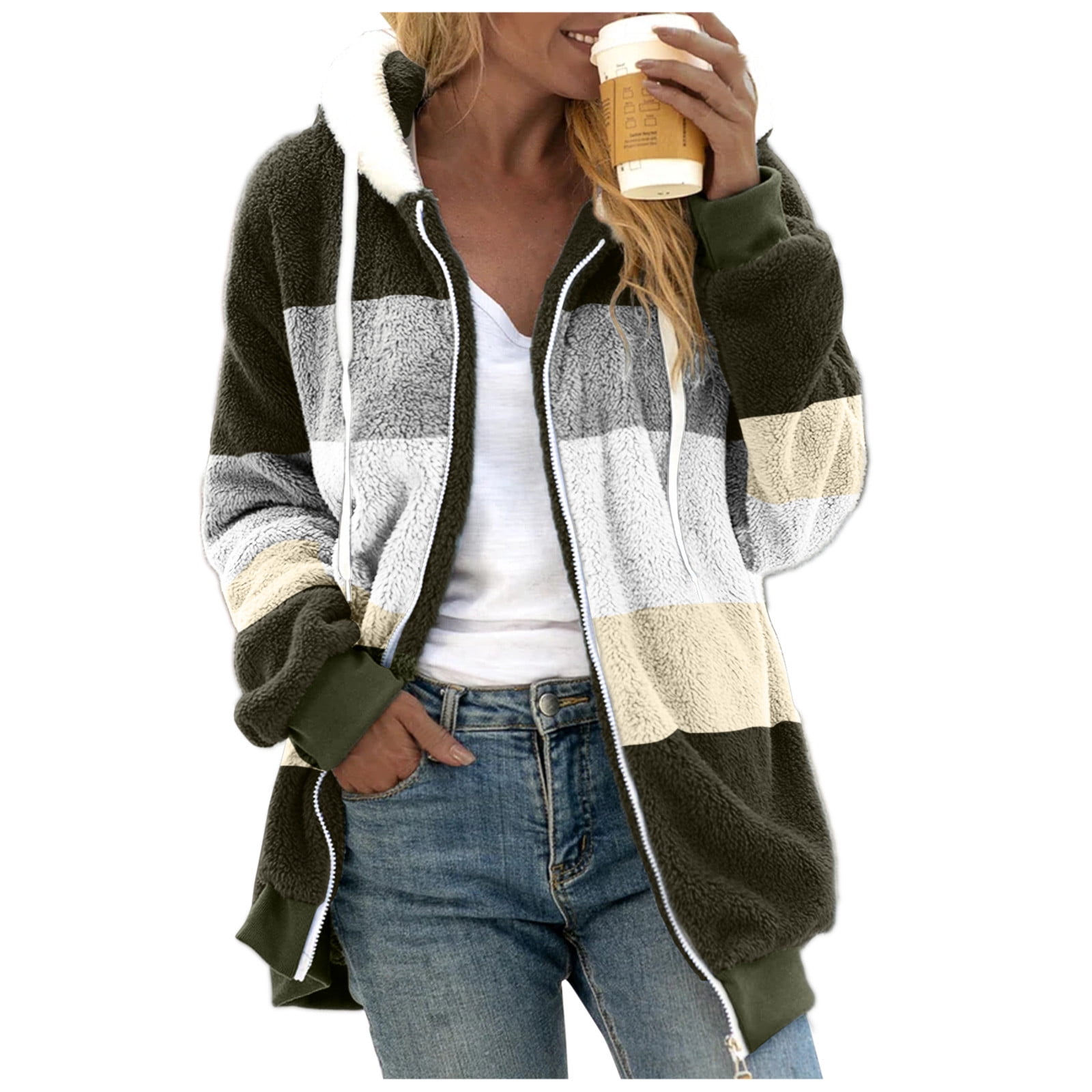 Avdjesfny Fleece Jackets for Women 2024 Winter Sherpa Lined Full Zip Hooded Jacket Plus Size Fuzzy Coats with Pockets S-5XL Warm Heavy weight Sweatshirt