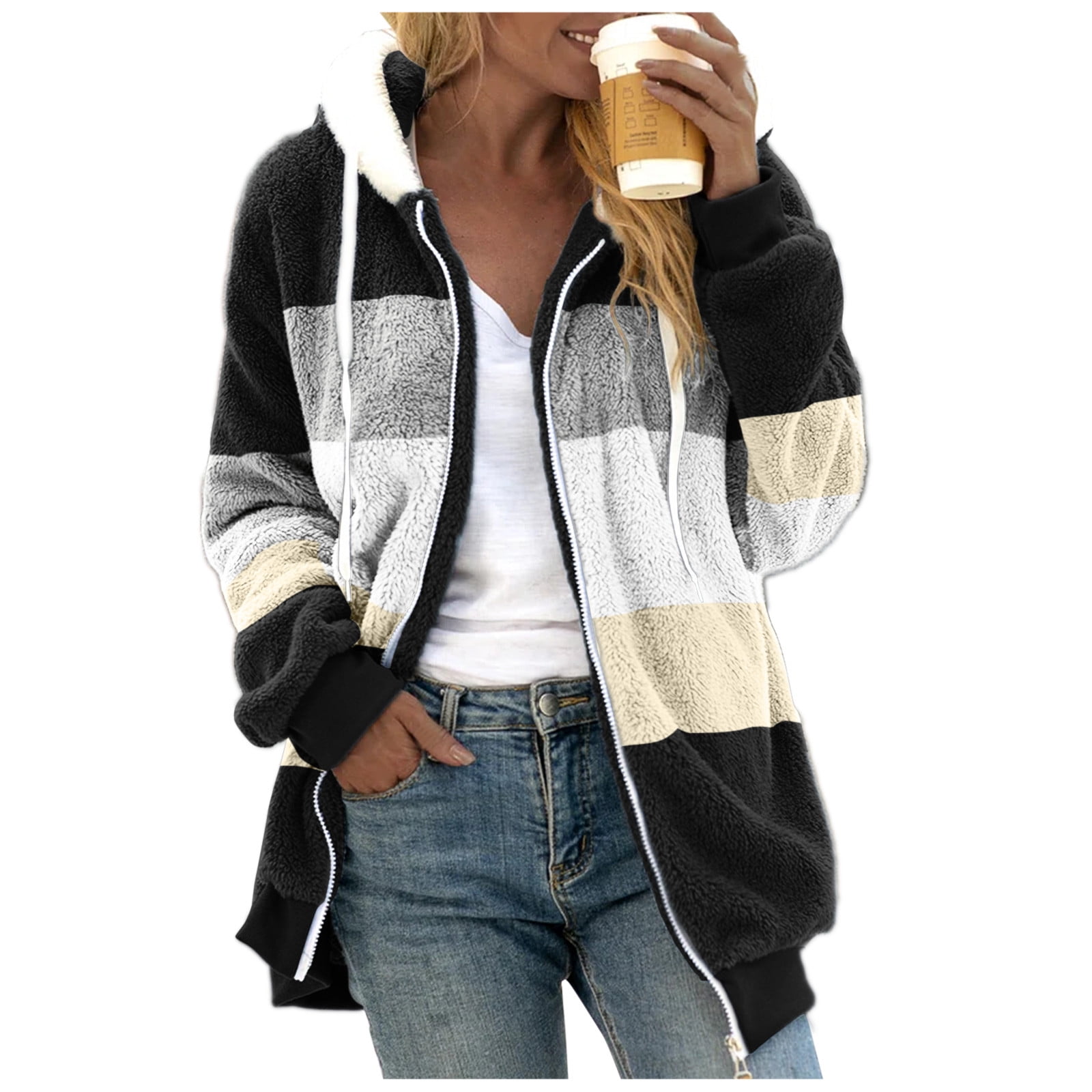 Avdjesfny Fleece Jackets for Women 2024 Winter Sherpa Lined Full Zip Hooded Jacket Plus Size Fuzzy Coats with Pockets S-5XL Warm Heavy weight Sweatshirt