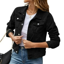 Savings Clearance 2024 Funicet Womens Denim Jacket Distressed Frayed Ripped Jean Jacket Casual Button Down Light Jackets Black XL