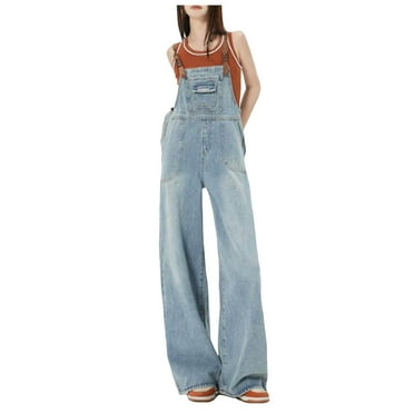 Avdjesfny Women's Overalls Denim Loose Fit Wide Leg Bib Stretch Baggy Jeans Jumpsuit Y2K Comfy Loose Adjustable Strap Wide Leg Denim Bib Overall Jeans Pants