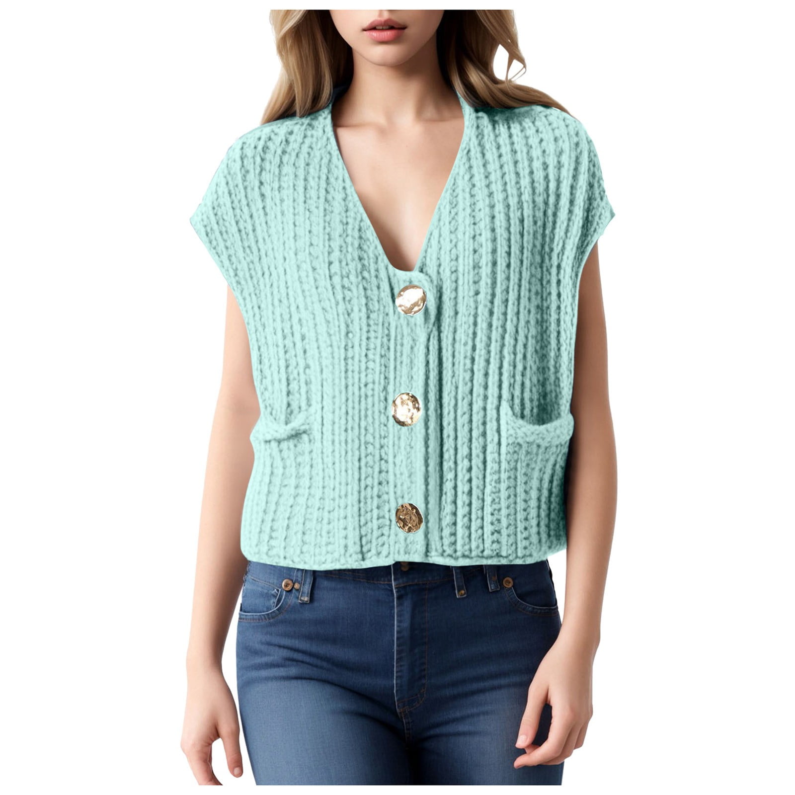 Avdjesfny Womens Casual Knit Vest Gold Button Down Crop Crochet