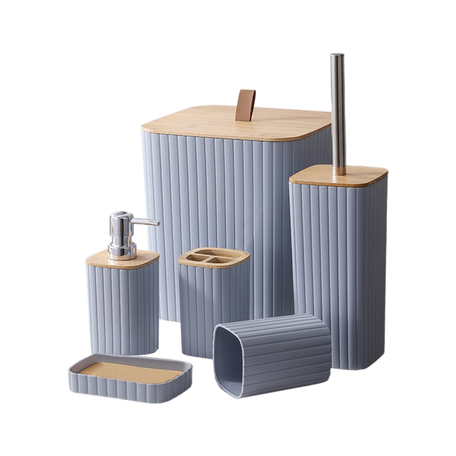 Badezimmer 6-teiliges Set Grau - Bambus Mülleimer Mit Toilettenbürste & Seifenspender