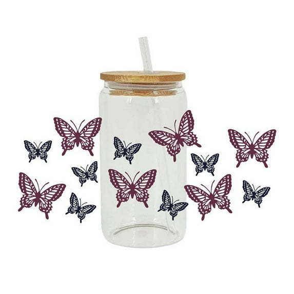 Avdolw Butterfly Iced Coffee Glass Beer Can Glass Color Changing Pastel Swallowtail Butterflies Art Glass Mug Present with Lid Drinking Straw Spring Mother's Day Gifts for Her