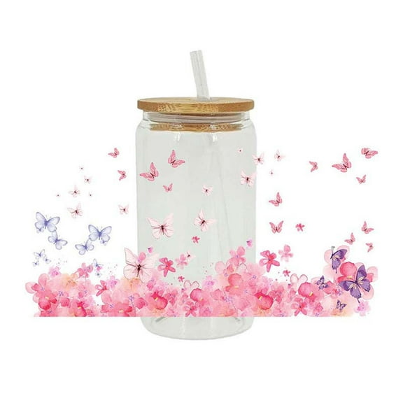 Avdolw Butterfly Iced Coffee Glass Beer Can Glass Color Changing Pastel Swallowtail Butterflies Art Glass Mug Present with Lid Drinking Straw Spring Mother's Day Gifts for Her