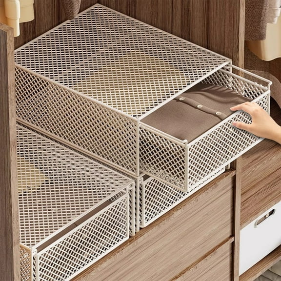 Avdolw Iron Closet Organizer - Heavy Duty Ventilated Storage Basket with Pull-Out Drawer, Space-Saving Wardrobe Shelf Divider for Bedroom