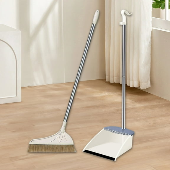 Avdolw Thickened Stainless Steel Pole Dustpan Set, Non-Stick Broom & Dustpan Combo with Hanging Hook, Household Cleaning Kit (Khaki)
