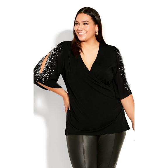 Ave Studio Women's Plus Size Wrap Bling Sleeve Top