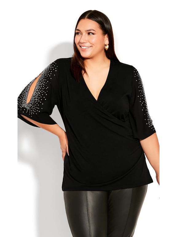 Women's Plus Size Wrap Bling Sleeve Top
