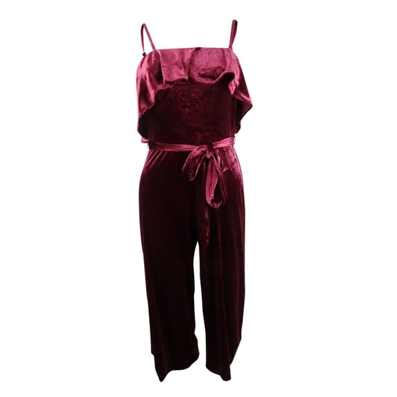 Avec Les Filles Women's Velvet Ruffled Jumpsuit (4, Wine)