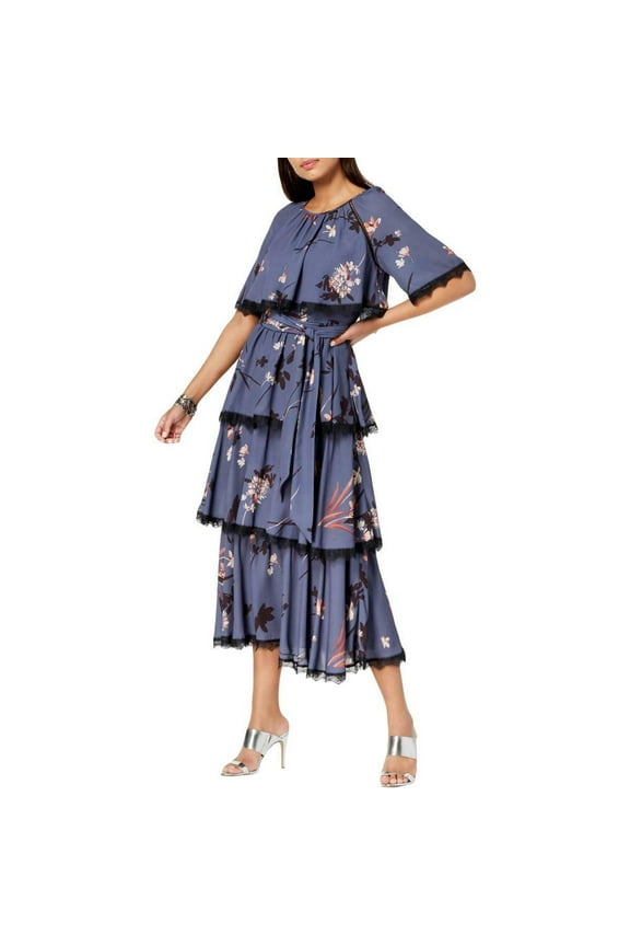 Womens Blue Floral Print Tiered Capelet Maxi Dress (4)