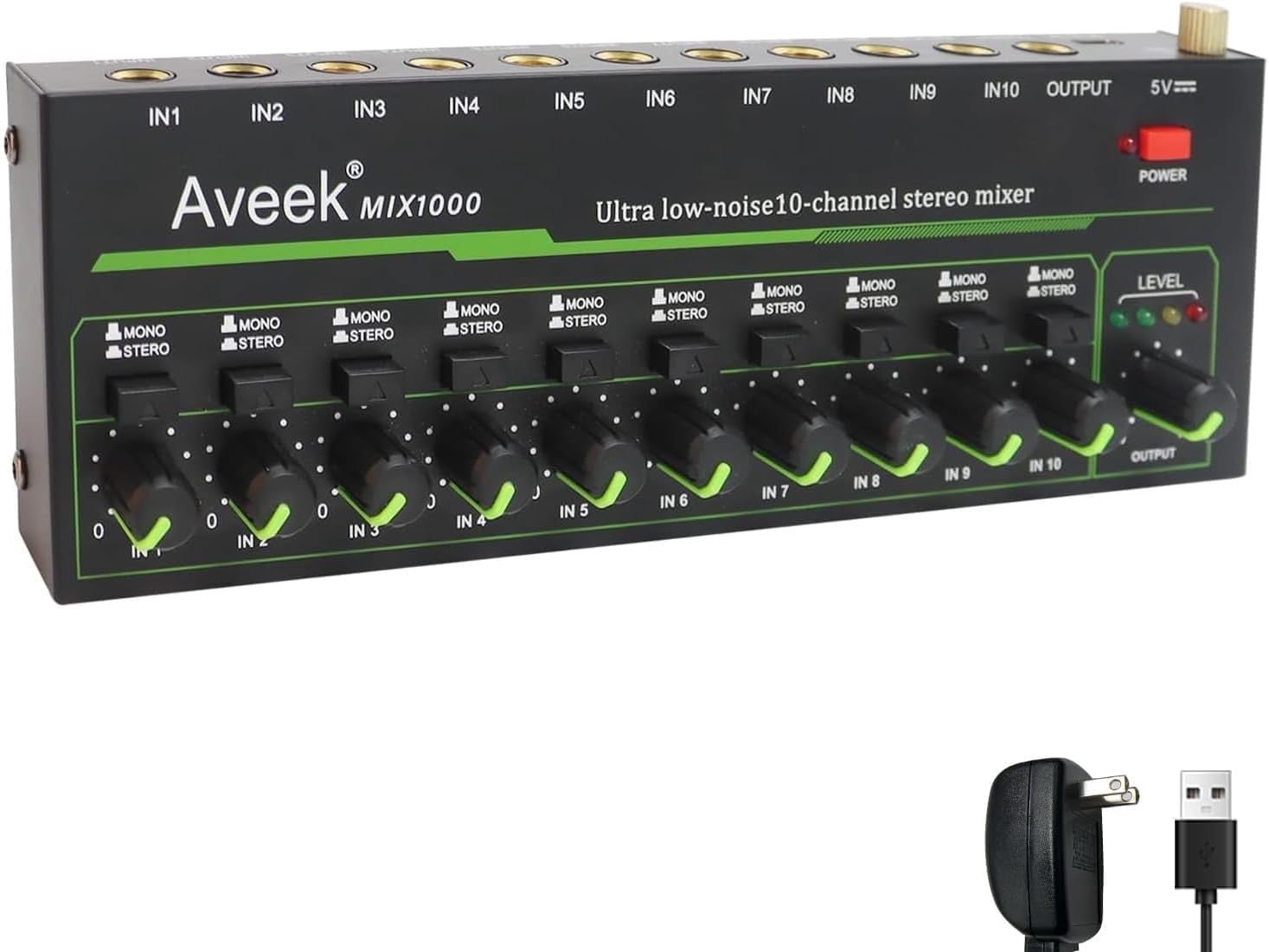 Aveek 10 Channel Mixer - Mini 10 Stereo Audio Mixer, Low-Noise for Precision Sub-Mixing,1/4" TRS Ideal for Mics/Guitars/Bass/Stage