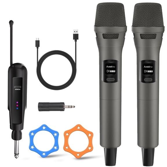Aveek Wireless Microphone System, 2 Rechargeable Mics and Receiver for Karaoke Machine, Party Speakers, Home Entertainment, Wedding & Events