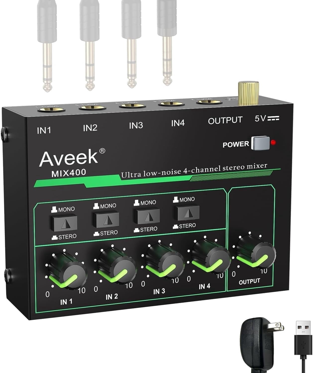 Aveek 4 Channel Mixer - Mini 4 Stereo Audio Mixer, Low-Noise for Precision Sub-Mixing,1/4" TRS Input/Output Ideal for Mics/Guitars/Bass/Stage