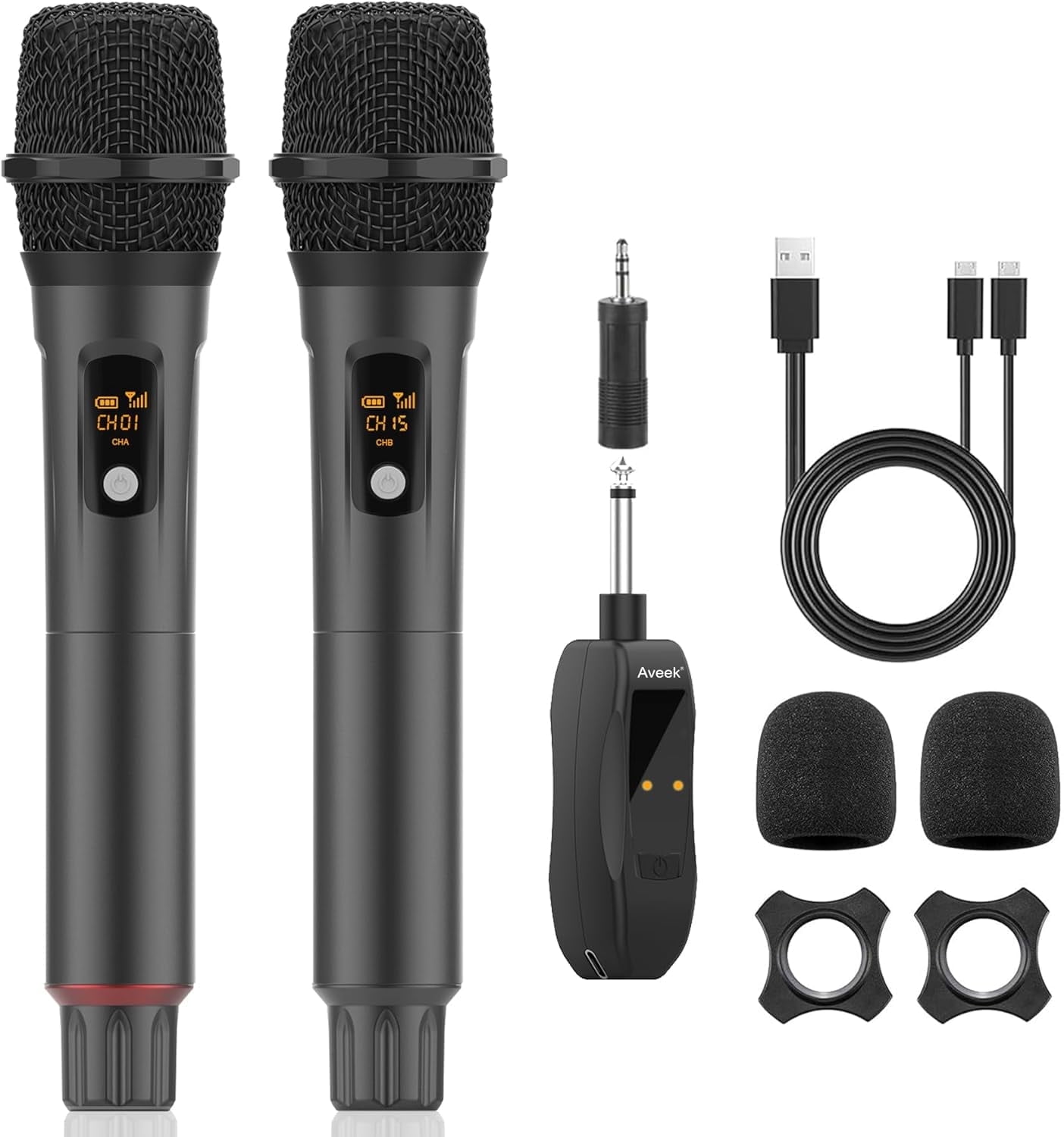 Aveek Wireless Microphone for Karaoke, 2.4GHz Professional Handheld Microphones with Rechargeable Receiver, Cordless Mic for Singing, Speaker, Pa System, Dj, Party, Speech(2pcs)