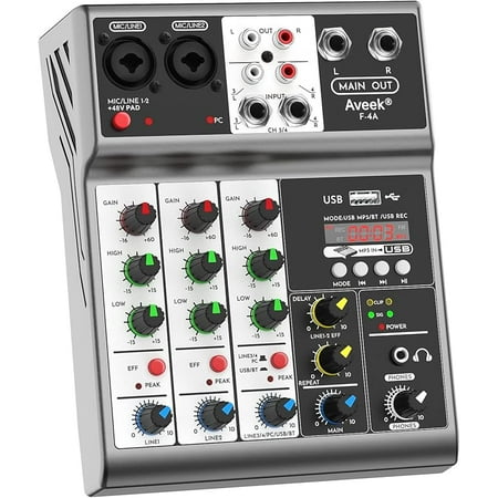 Aveek Professional Audio Mixer, Sound Board Mixing Console with 4 Channel Digital USB Bluetooth Echo Delay Effect, Input 48V Phantom Power Stereo DJ Mixers for Recording, Live Streaming, Podcasting
