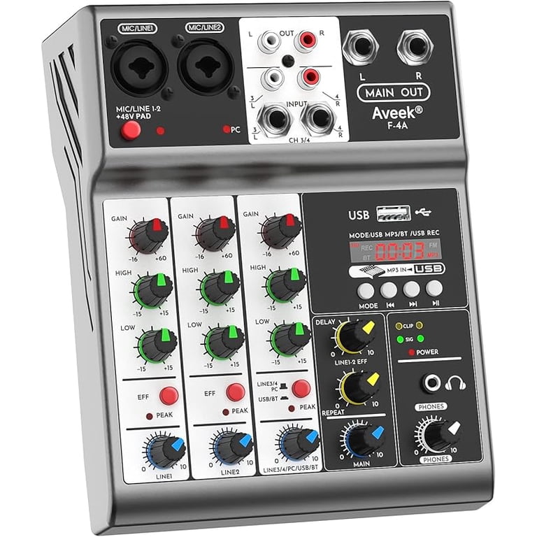 Table Mixage Effets Dsp 99 Table De Mixage Audio Aveek 4 Canaux - USB/ Bluetooth/48V Phantom - Effets DSP - Pour Studio/Streaming/DJ Home Studio Enregistrement Table Mixage Effets Dsp 99 Table De Mixage Audio Aveek 4 Canaux - USB/ Bluetooth/48V Phantom - Effets DSP - Pour Studio/Streaming/DJ Home Studio Enregistrement
