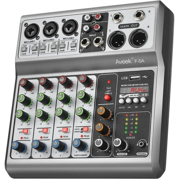 Aveek Professional Audio Mixer, Sound Board Mixing Console with 5 Channel Digital USB Bluetooth Echo Delay Effect, Input 48V Phantom Power Stereo DJ Mixers for Recording, Live Streaming, Podcasting