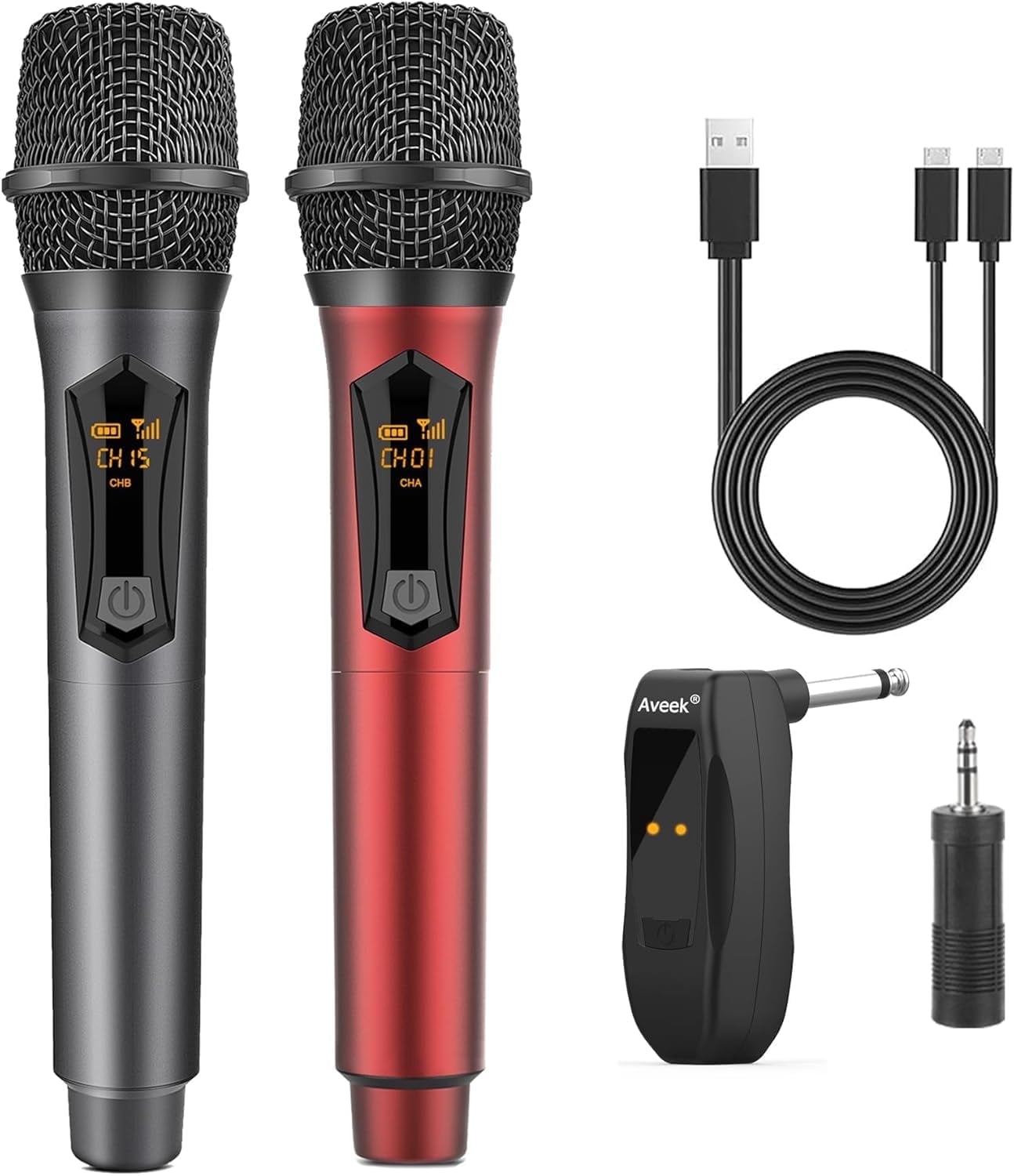 Aveek Wireless Microphone for Karaoke, Rechargeable  Microphone,for Speaker,Karaoke Machine,Speech,Wedding,Party Singing,Grey&Red,2 packs