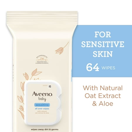 Aveeno Baby All Over Baby Wipes For Sensitive Skin with Oat and Aloe, Alcohol Free & Unscented, 64 Ct