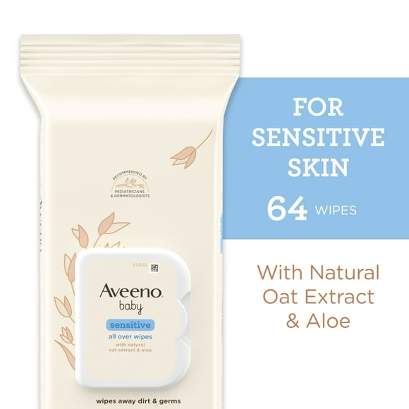 Aveeno Baby All Over Baby Wipes For Sensitive Skin with Oat and Aloe, Alcohol Free & Unscented, 64 Ct