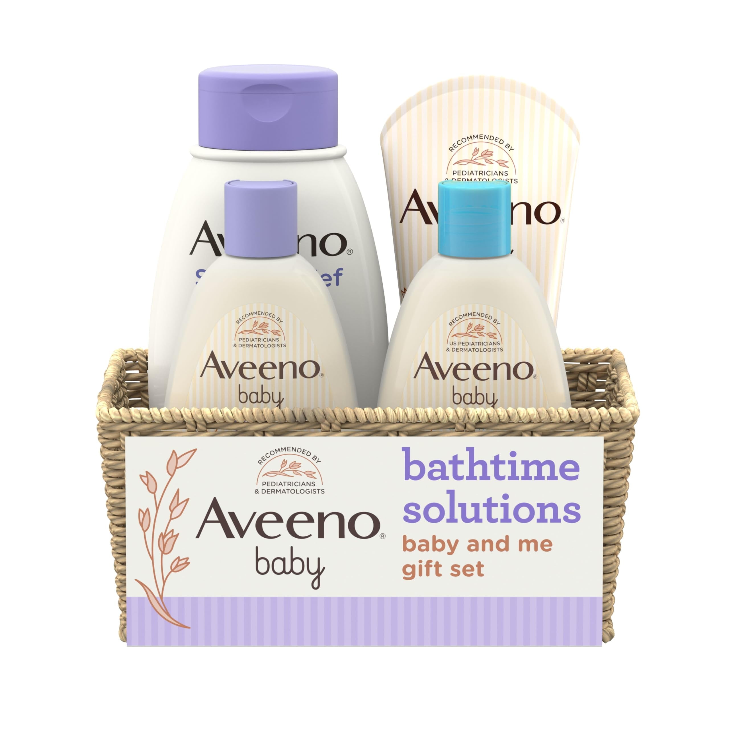 Aveeno Baby Bathtime Solutions Baby & Me Gift Set with Baby Wash & Shampoo, Calming Baby Bath, Baby Daily Moisturizing Lotion & Stress Relief Body Wash for Mom, Oatmeal, 4 items C27